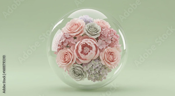 Obraz A delicate bouquet of pastel-colored flowers encased within a transparent glass sphere, set against a soft green backdrop.