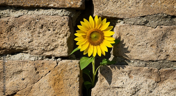 Obraz A bright yellow sunflower grows through a large crack in an old brick wall, symbolizing resilience.