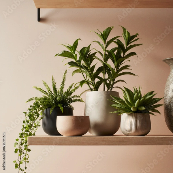 Fototapeta Open shelving, plant display, organic ceramics, overhead capture