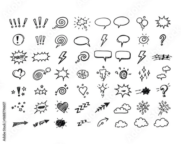 Fototapeta Collection of hand drawn doodle icons representing speech bubbles exclamations questions and abstract shapes
