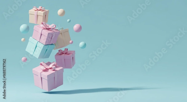 Obraz Pastel-colored gift boxes and floating spheres against a soft blue backdrop, creating a whimsical composition.