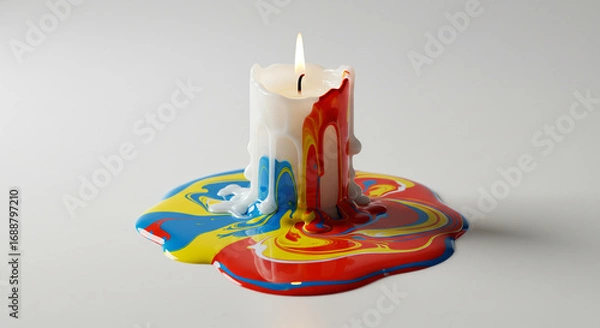Obraz A burning candle with colorful wax melting onto a white surface.