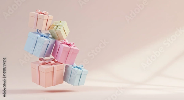 Obraz A stack of pastel-colored gift boxes floating against a soft pink background.