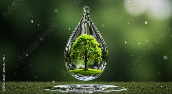 Obraz A tree is encapsulated within a water droplet, reflecting nature and environmental themes.