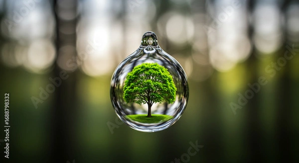 Obraz A tree is encapsulated within a water droplet, reflecting nature and environmental concepts against a blurred background.