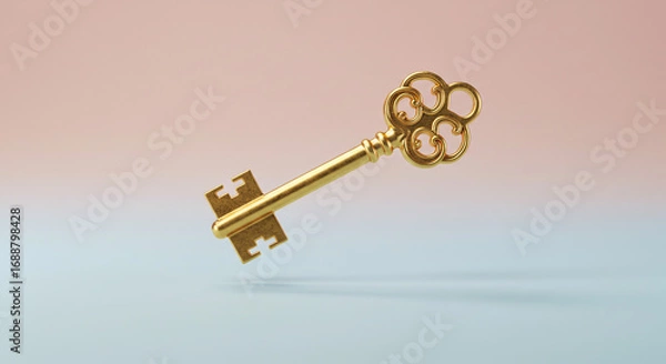 Obraz A golden ornate key floats against a gradient background of pink and blue.
