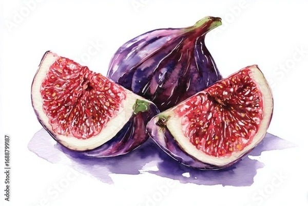 Fototapeta Watercolor figs with slices isolated on white background