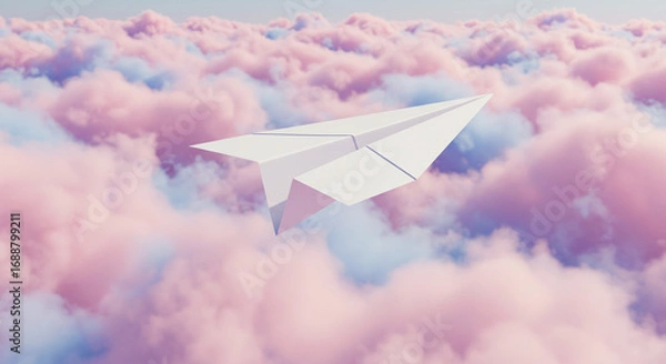 Obraz A paper airplane soars through a whimsical sky of pastel clouds.