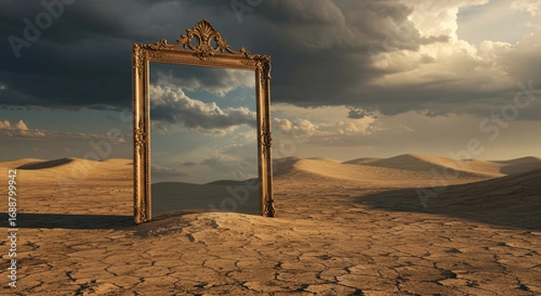 Obraz Ornate mirror reflecting a desert landscape against a dramatic sky.