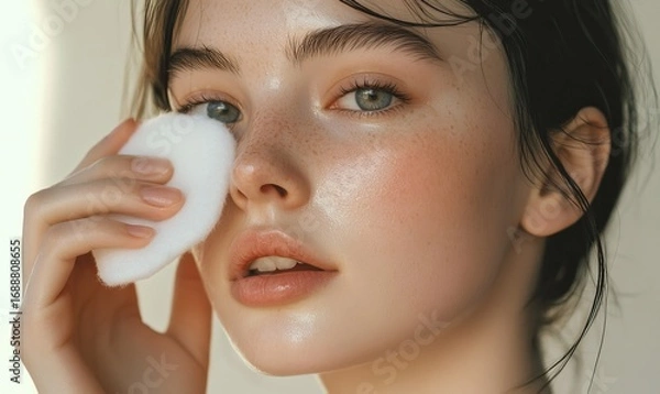 Fototapeta Young woman with freckles using a cotton pad on her face to cleanse