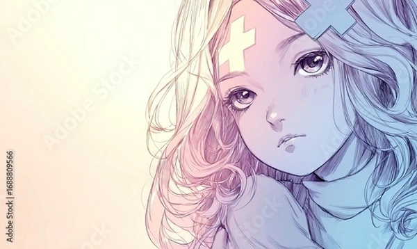 Fototapeta Serene Nurse with Gentle Eyes A Digital Sketch Portrait in Pastel Tones