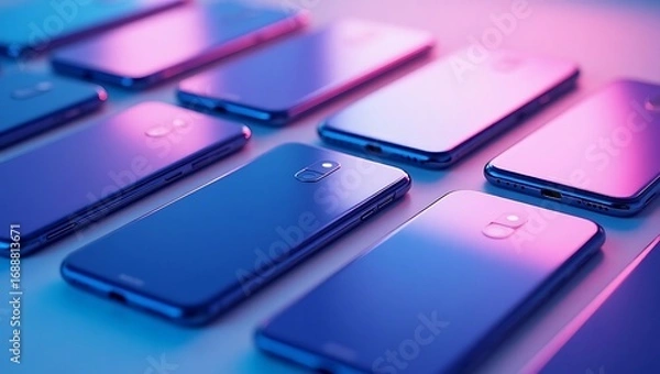 Fototapeta Modern smartphones display showcasing multiple mobile phones in blue and purple lighting effect design