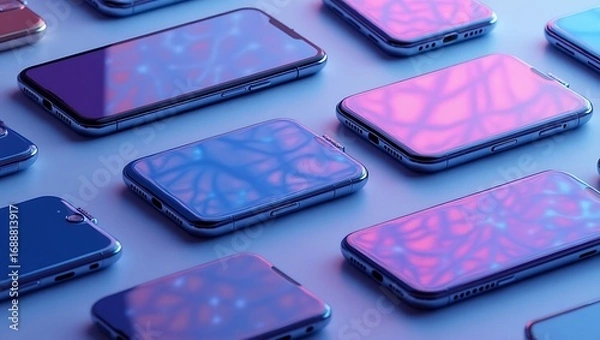 Fototapeta Mobile phones background concept showcasing multiple smartphones with vibrant screen reflections design tech