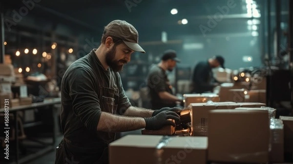 Fototapeta Focused worker meticulously assembling products in a vintage-style manufacturing environment with