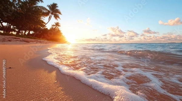 Fototapeta Tranquil tropical beach sunset with palm trees and gently lapping waves creates a serene vista