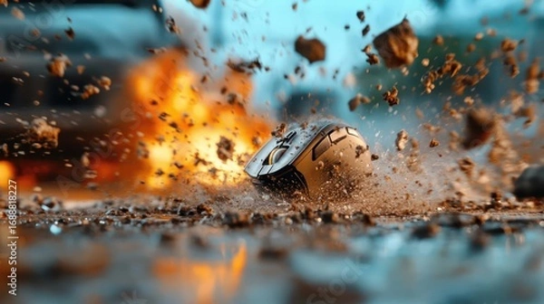 Fototapeta Extreme gaming mouse impact with dynamic earth elements in high speed capture action