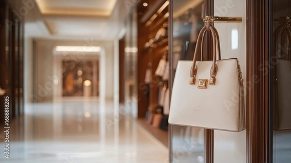 Fototapeta Elegant cream-colored handbag hangs gracefully in a luxury walk-in closet creating a sophisticated