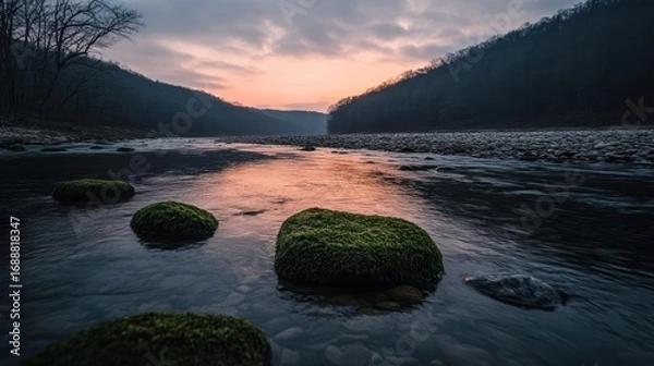 Fototapeta Enchanting river landscape with mossy rocks and a gentle sunset glow reflected in water