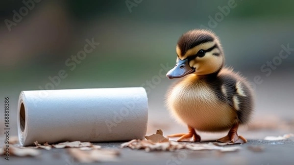 Fototapeta Adorable mallard duckling exploring nature with a roll of white paper, creating a playful scene