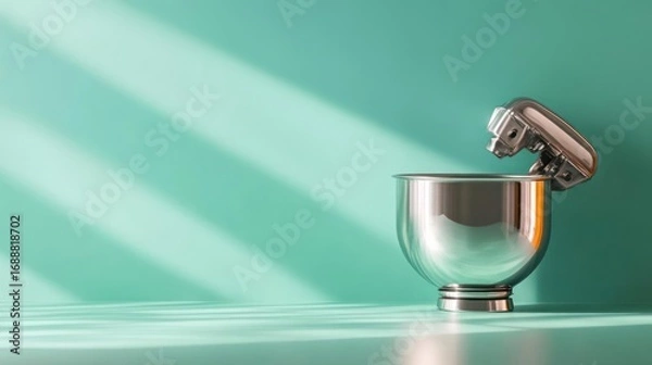 Fototapeta Silver kitchen mixer with bowl casting soft shadows on a serene teal background ready to mix