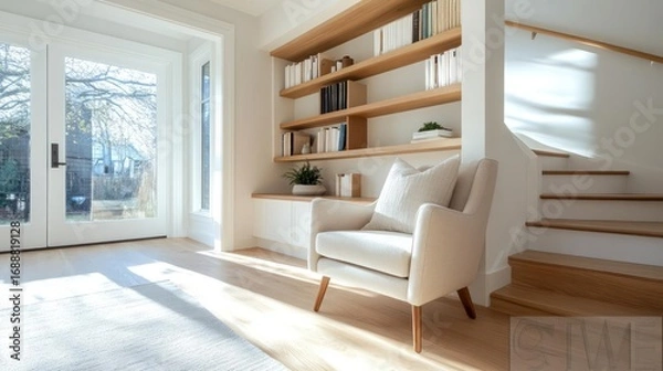 Fototapeta Serene interior displaying a modern reading nook with a cozy armchair and bookshelf bathed in