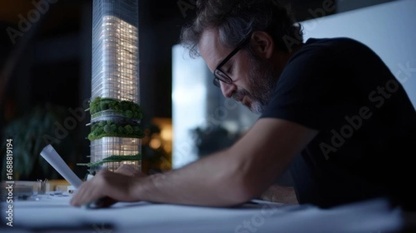 Fototapeta Architect refining conceptual eco-friendly skyscraper design with innovative green space integration