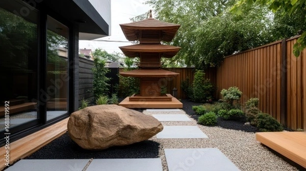 Fototapeta Tranquil japanese garden design featuring pagoda sculpture, modern architecture, and serene