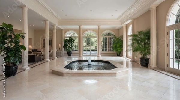 Fototapeta Elegant residence interior featuring a serene fountain and classical architectural design