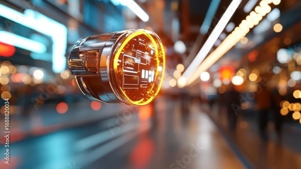 Fototapeta Futuristic metal data storage device floating within abstract city lights scene