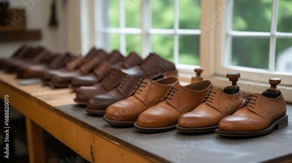 Fototapeta An assortment of elegant leather shoes displayed on a wooden table near a window filled with