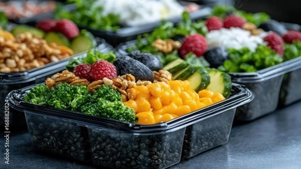 Fototapeta Colorful and nutritious salad meal preps arranged in containers ready to be served and consumed