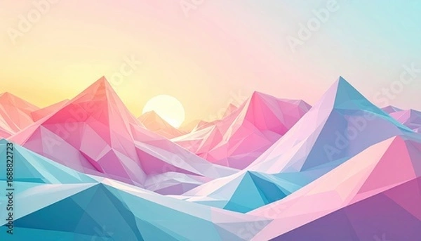 Fototapeta Abstract low poly landscape with pastel colored mountains and a glowing sun in the background.