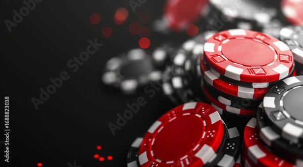 Obraz Red and Black Gambling Chips Piled on Dark Casino Surface for Poker Game Concept