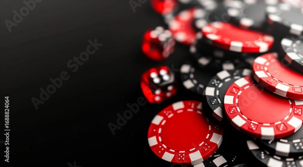 Obraz Closeup of Red and Black Poker Chips with Dice on Casino Table and Dark Background