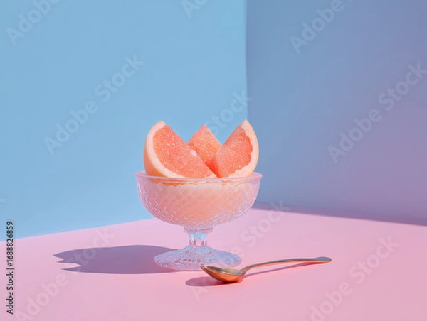 Fototapeta Grapefruit pieces in crystal glass vase on pastel background with space for text, minimalistic composition