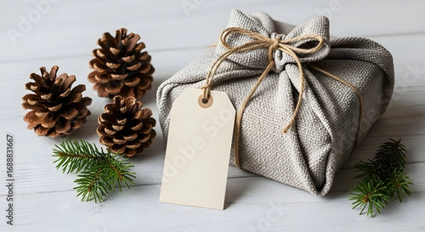 Fototapeta Elegant Christmas Gift Wrapped in Silver Fabric with Pinecones and Greenery for Holiday Celebration or Festive Decoration