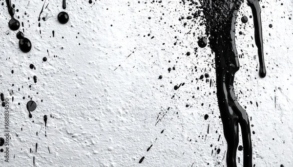 Fototapeta Black paint drips and splatters on a textured white surface