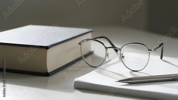 Fototapeta Glasses, a book, and a notebook with a pen on a white desk