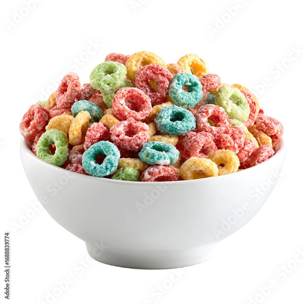 Fototapeta A vibrant bowl of colorful frosted ring - shaped cereal Sweet sugary and crunchy it ' s a classic breakfast favorite for all ages