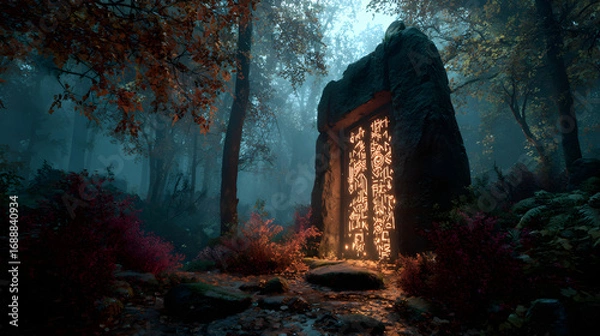 Fototapeta A spooky Halloween 2026 wallpaper showing an ancient door with glowing runes in the forest