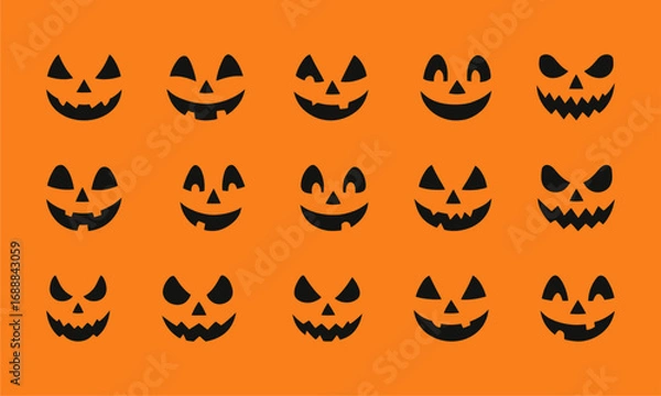 Fototapeta Halloween seamless pattern with spooky and funny pumpkin faces. Black jack-o’-lantern silhouettes on an orange background, perfect for seasonal design, decoration, and party themes.