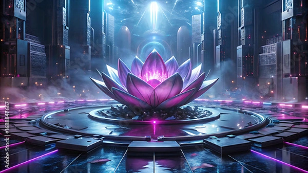 Fototapeta A futuristic cybernetic lotus flower floating in neon glowing water  