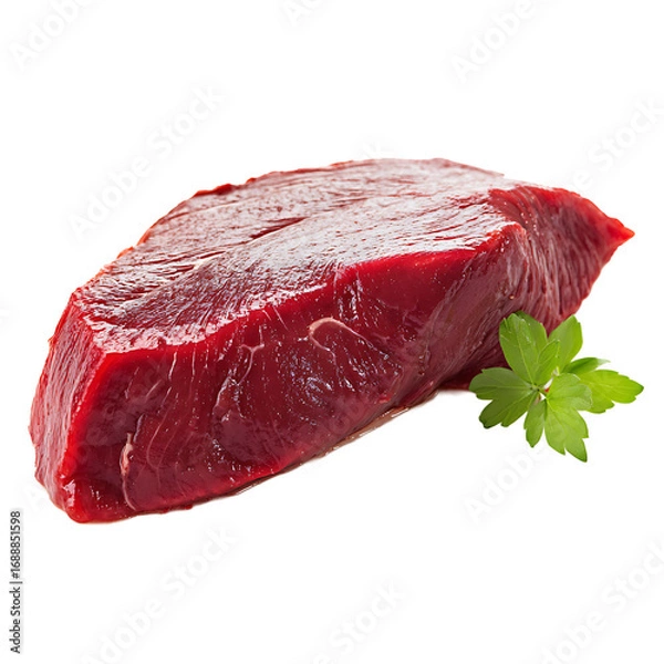 Fototapeta A vibrant thick cut of red meat showcasing its fresh texture and quality garnished with a sprig of green parsley against a stark transparent background