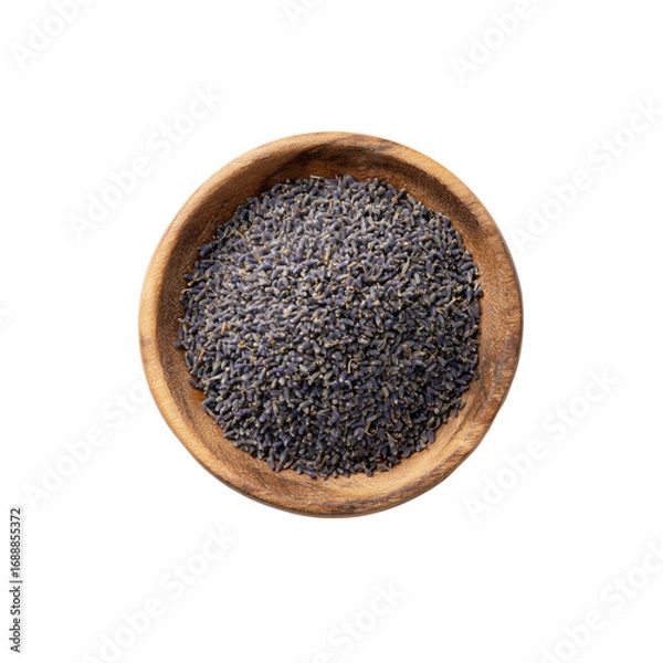 Fototapeta Dried Lavender Buds in Wooden Bowl, Top View