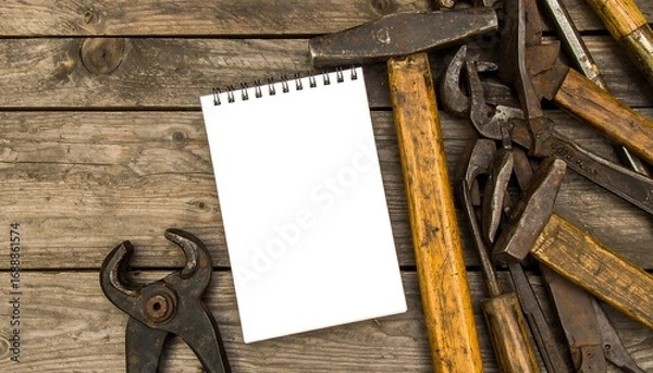 Fototapeta Blank notepad surrounded by aged hand tools on rustic wood