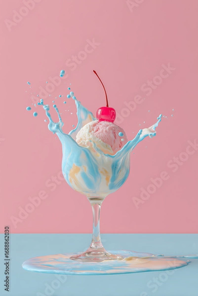 Fototapeta Ice cream scoop in a glass with splashes on pink pastel background with space for text