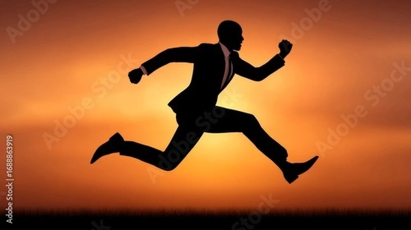 Fototapeta Businessman jumping in suit financial leap at sunset abstract silhouette scene dynamic environment inspiring concept