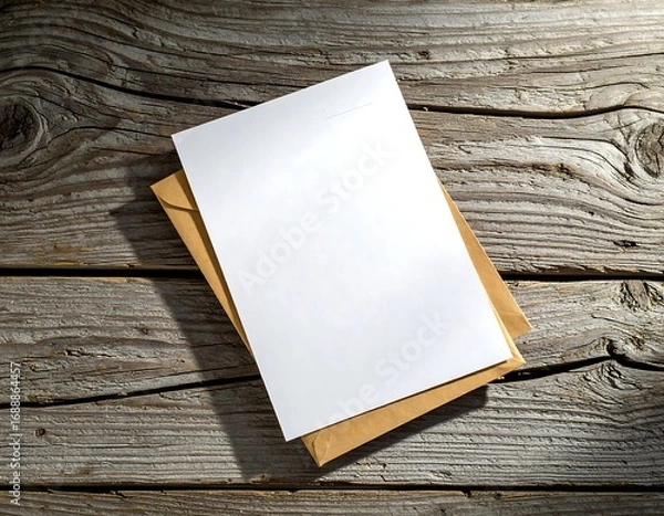 Fototapeta Blank white paper atop a brown envelope on rustic wood