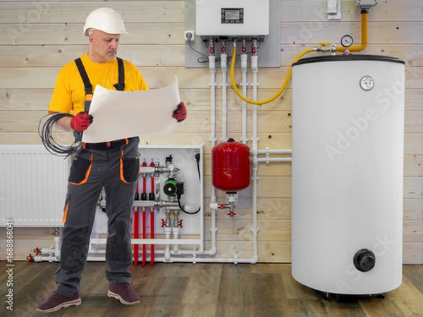 Fototapeta Heating installation, plumber engineer checking blueprints near boiler system, hot water tank, central heating, household utilities maintenance