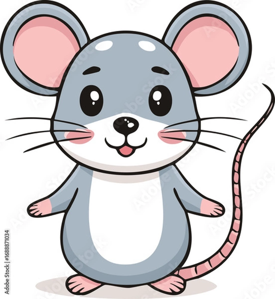 Fototapeta Cute cartoon mouse with large eyes and rosy cheeks, standing upright, facing forward.